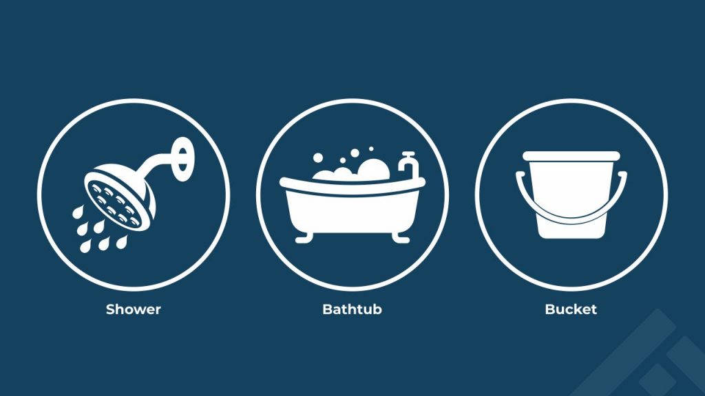 shower, bathtub and bucket for bathing